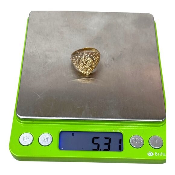 Ornate Gold Vermeil Sterling Floral Silver Signet Ring Vintage Mens Statement 8 - Picture 9 of 9